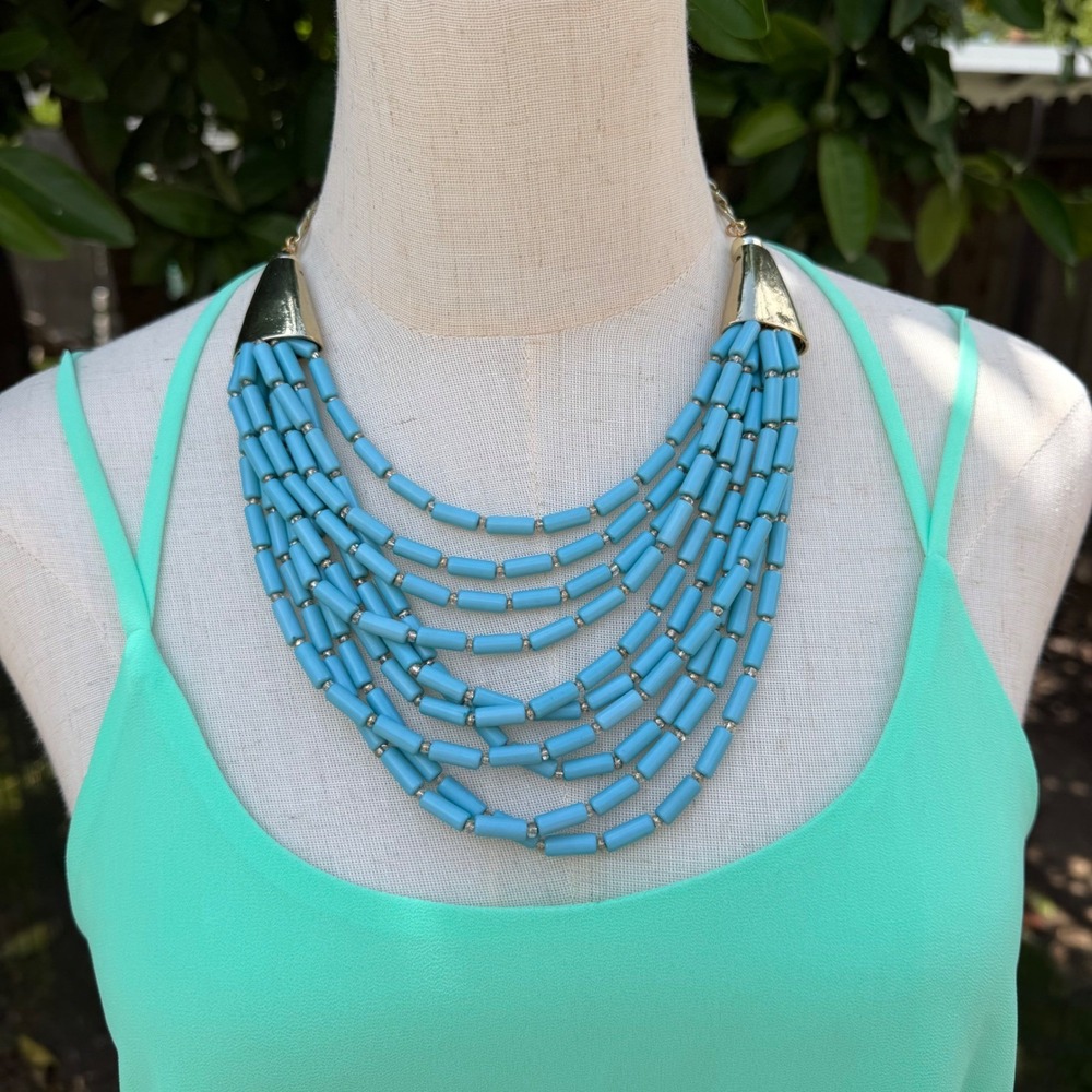 Bogot Turquoise Cylinder Bead Multi Strand Bib Necklace & Earring Set Gold Tone